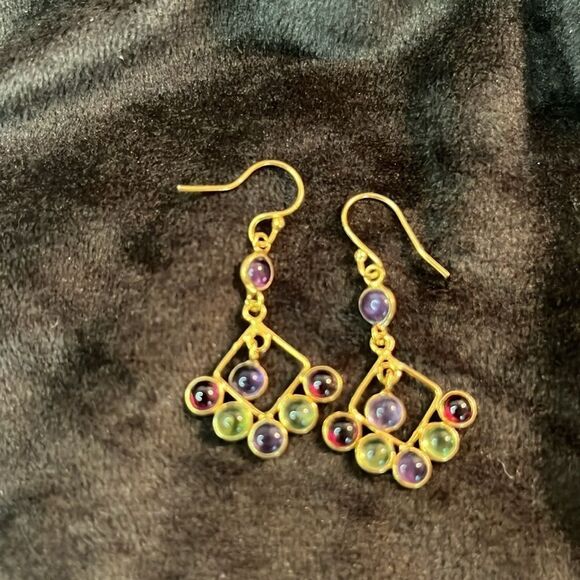 Multi Gemstone, Amethyst, Peridot, Garnet Gold over Silver Dangle Earrings - Picture 4 of 10